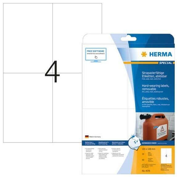 HERMA wetterfeste Folienetiketten 4576 weiß 105,0 x 148,0 mm, 20 Blatt
