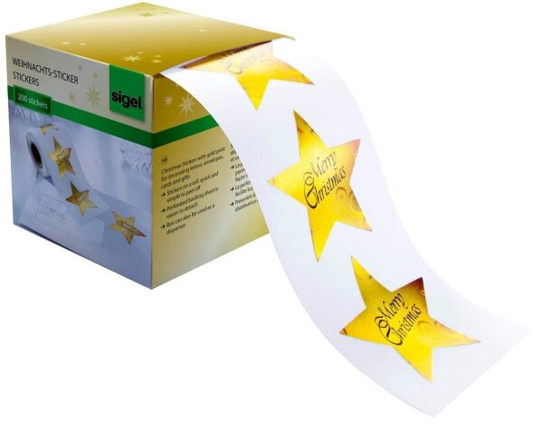 SIGEL Aufkleber Christmas Stars CS112 Sterne, gold 47,0 x 47,0 mm, 200 Etiketten