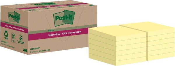 Post-it® Super Sticky Recycling Notes Haftnotizen extrastark gelb, 12 Blöcke