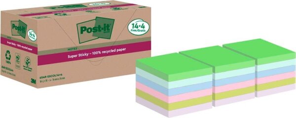 Post-it® Super Sticky Recycling Notes Haftnotizen extrastark farbsortiert, 18 Blöcke