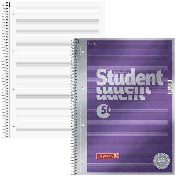 BRUNNEN Collegeblock Premium Student Lineatur 14 Notenlineatur DIN A4 ohne Rand, 1 Block