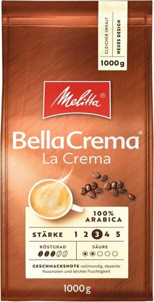 Melitta BellaCrema LaCrema Kaffeebohnen, Arabicabohnen kräftig, 1 kg