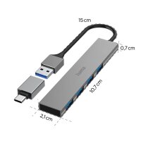 hama USB-Hub Ultra Slim 4-fach grau