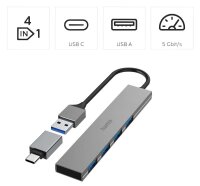 hama USB-Hub Ultra Slim 4-fach grau