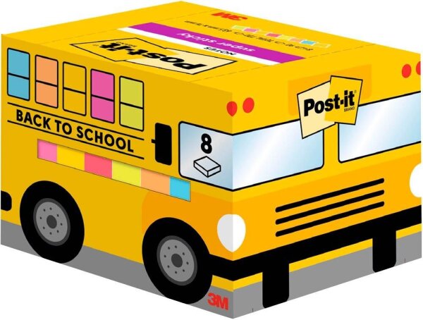 Post-it® Super Sticky Schulbus Haftnotizen extrastark farbsortiert, 8 Blöcke