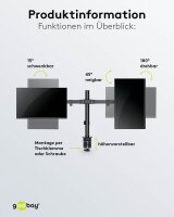 goobay Monitor-Halterung Fix 59394 schwarz für 2 Monitore, Tischklemme, Tischbohrung