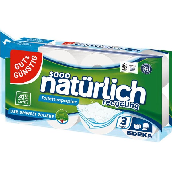 GUT&GÜNSTIG Toilettenpapier natürlich recycling 3-lagig Recyclingpapier, 8 Rolle