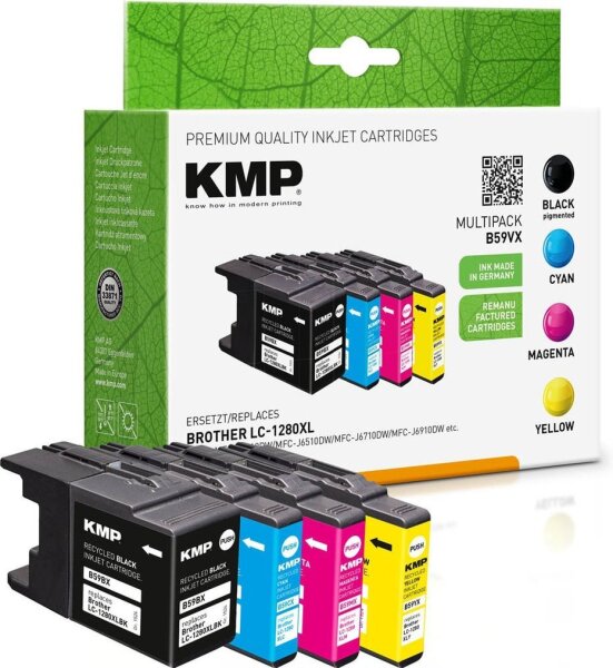 KMP B59VX schwarz, cyan, magenta, gelb Druckerpatronen kompatibel zu brother LC-1280XLVALBP, 4er-Set