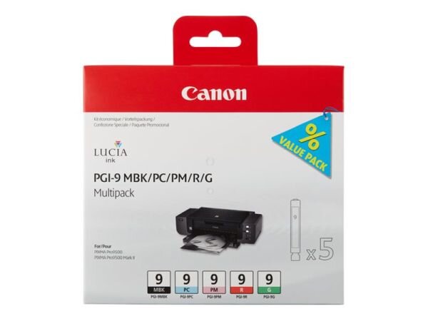 CANON PGI 9 MBK/PC/PM/R/G Multi Pack 5er Pack Rot, grün, mattschwarz, Photo Cyan, Photo Magenta