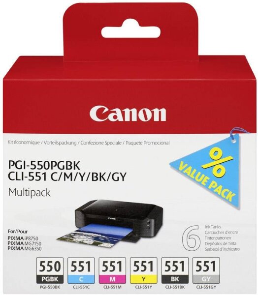 CANON PGI 550/CLI 551 PGBK/C/M/Y/BK/GY Multi Pack 6er Pack Grau, Schwarz, Gelb, Cyan, Magenta