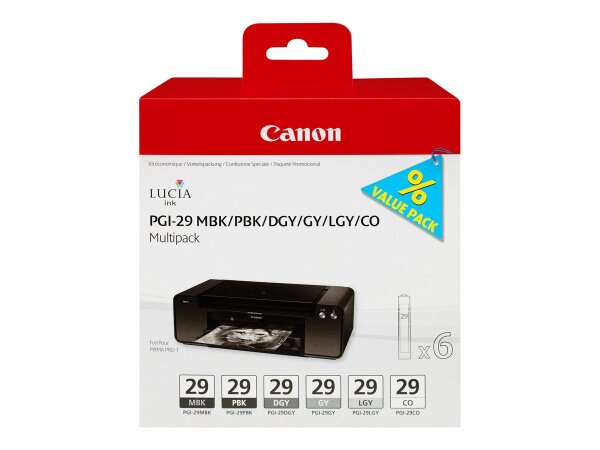 CANON PGI 29 MBK/PBK/DGY/GY/LGY/CO Multipack 6er Pack Grau, Hellgrau, Dunkelgrau, mattschwarz, Photo
