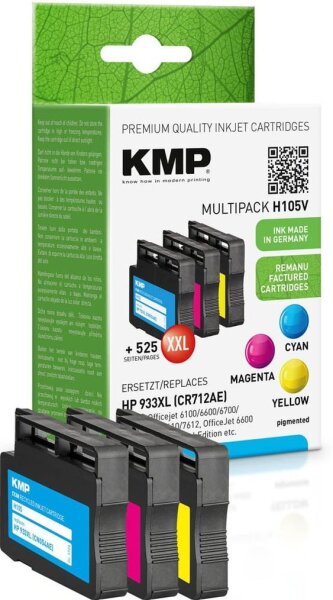 KMP H105V cyan, magenta, gelb Druckerpatronen kompatibel zu HP 933XL (CN054AE, CN055AE, CN056AE), 3er-Set