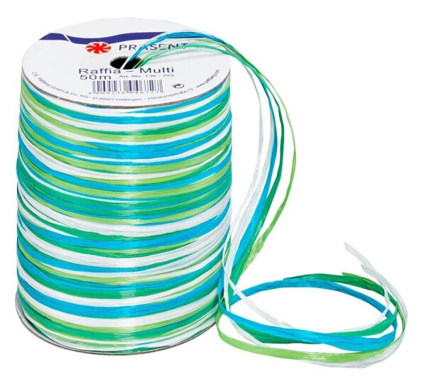 PRÄSENT Geschenkband Raffia matt blau/grün/weiß 3,0 mm x 50,0 m