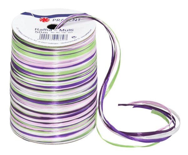 PRÄSENT Geschenkband Raffia matt lila/grün/weiß 3,0 mm x 50,0 m