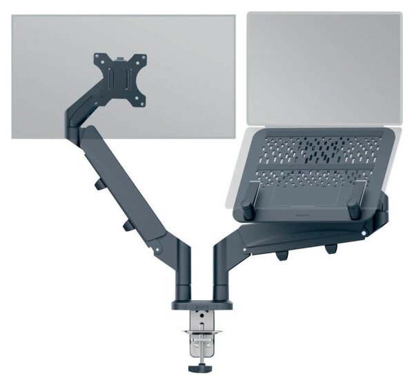 LEITZ Laptop-Monitor-Halterung Ergo 65380089 dunkelgrau für 1 Monitor und 1 Laptop, Tischklemme