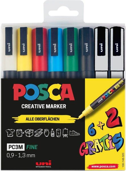 uni-ball POSCA PC-3M Acrylstift farbsortiert 0,9 - 1,3 mm, 8 St.