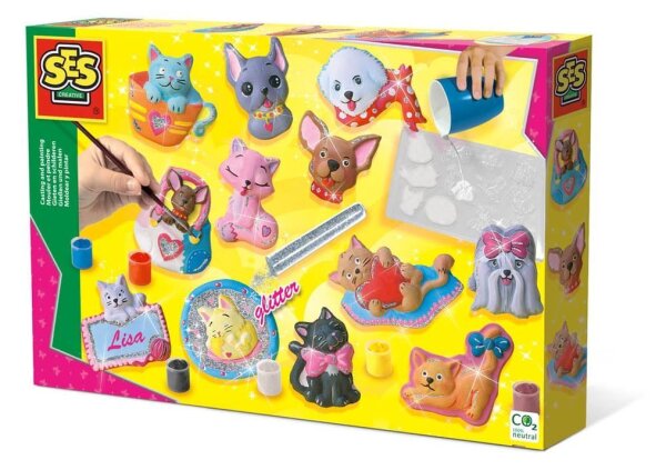 SES Creative® Gipsgießen-Set Glitzer Hunde und Katzen mehrfarbig