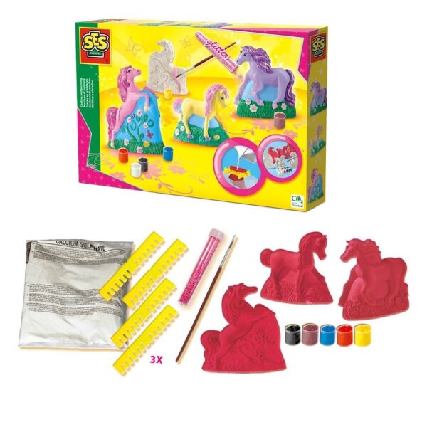 SES Creative® Gipsgießen-Set Glitzer Pferde auf Wiese mehrfarbig