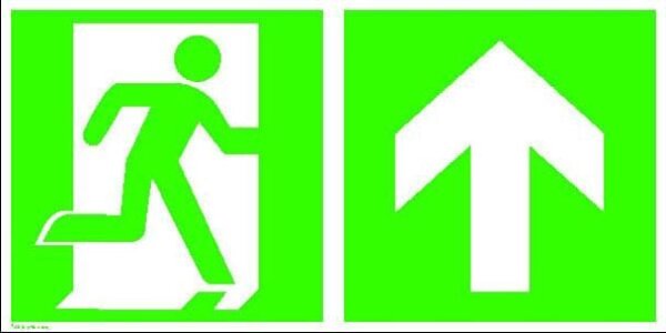 SafetyMarking® Rettungszeichen-Aufkleber "Notausgang rechts mit Zusatzzeichen: Richtungsangabe aufwärts bzw. geradeaus" rechteckig 30,0 x 15,0 cm, 1 St.