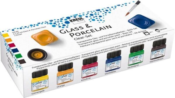 KREUL Clear Porzellanfarben farbsortiert 6 Gläser à 20 ml in Sonnengelb, Orange, Kirschrot, Dunkelblau, Dunkelgrün, Espressobraun, 1 Pinsel