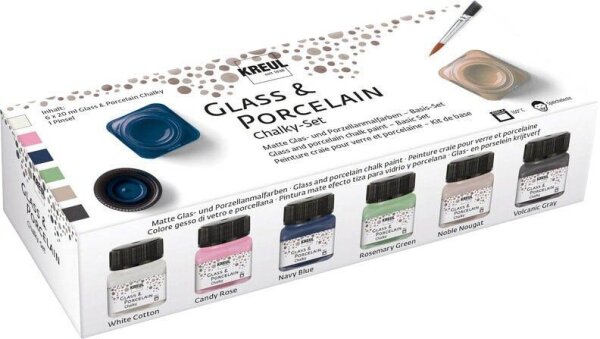 KREUL Chalky Porzellanfarben farbsortiert 6 Gläser à 20 ml in White Cotton, Candy Rose, Navy Blue, Rosemary Green, Noble Nougat, Volcanic Gray, 1 Pinsel