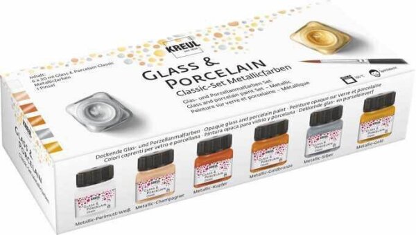 KREUL Metallic Porzellanfarben farbsortiert 6 Gläser à 20 ml in Metallic-Perlmutt-Weiß, Metallic-Champagner, Metallic-Kupfer, Metallic-Goldbronze, Metallic-Silber, Metallic-Gold, 1 Pinsel