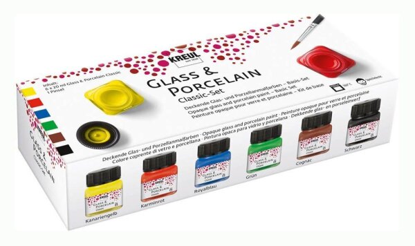 KREUL Classic Porzellanfarben farbsortiert 6 Gläser à 20 ml in Kanariengelb, Karminrot, Royalblau, Grün, Cognac, Schwarz, 1 Pinsel