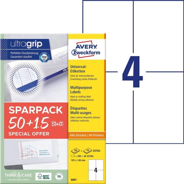 AKTION: AVERY Zweckform Etiketten 6601 weiß 105,0 x 148,0 mm, 65 Blatt