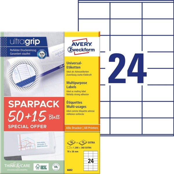 AKTION: AVERY Zweckform Etiketten 6602 weiß 70,0 x 36,0 mm, 65 Blatt