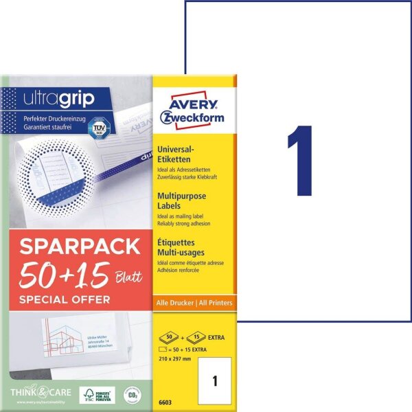 AKTION: AVERY Zweckform Etiketten 6603 weiß 210,0 x 297,0 mm, 65 Blatt