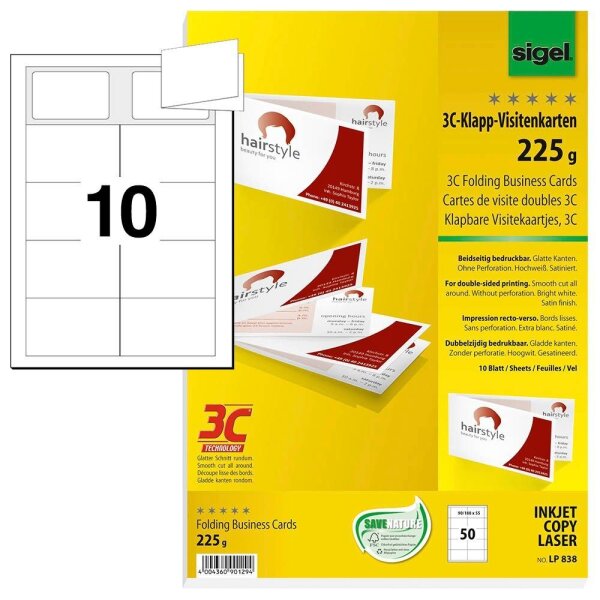 SIGEL Visitenkarten LP838 satiniert weiß 225 g/qm, 50 St.