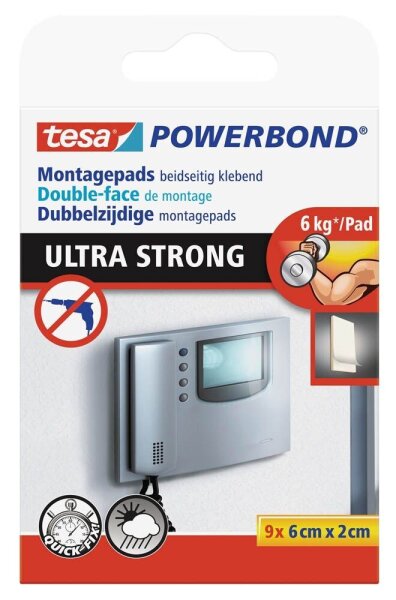 tesa Powerbond ULTRA STRONG doppelseitige Klebepads für max. 6,0 kg, 2,0 x 6,0 cm, 9 St.