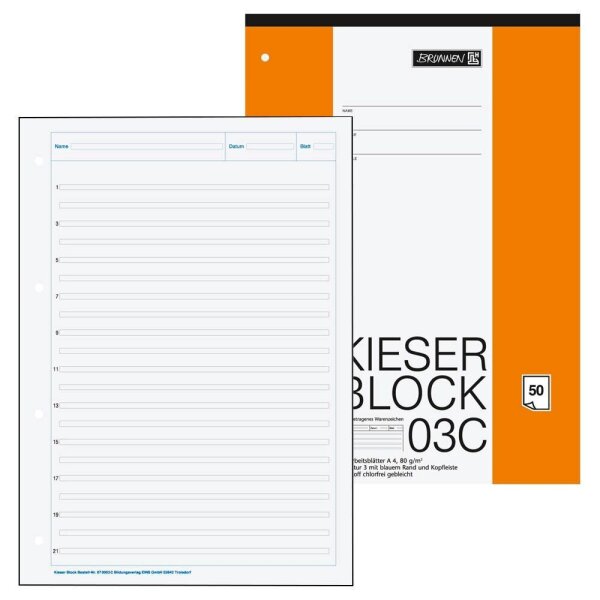 BRUNNEN Arbeitsblock Kieserblock gelocht DIN A4 liniert Lineatur 03C, 1 Block