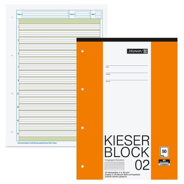 BRUNNEN Arbeitsblock Kieserblock gelocht DIN A4 liniert Lineatur 02, 1 Block