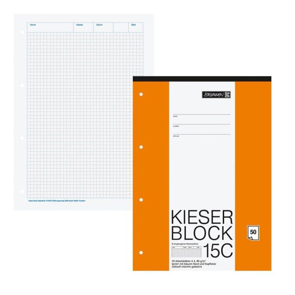 BRUNNEN Arbeitsblock Kieserblock gelocht DIN A4 kariert Lineatur 15C, 1 Block