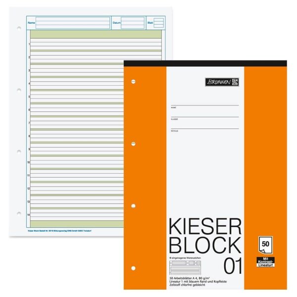 BRUNNEN Arbeitsblock Kieserblock gelocht DIN A4 liniert Lineatur 01, 1 Block
