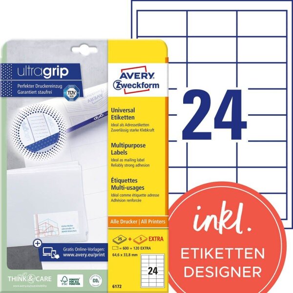 AVERY Zweckform Etiketten 6172 weiß 64,6 x 33,8 mm, 30 Blatt