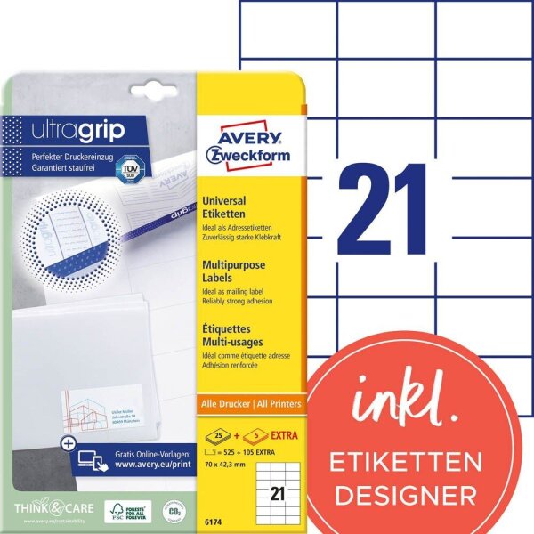 AVERY Zweckform Etiketten 6174 weiß 70,0 x 42,3 mm, 30 Blatt