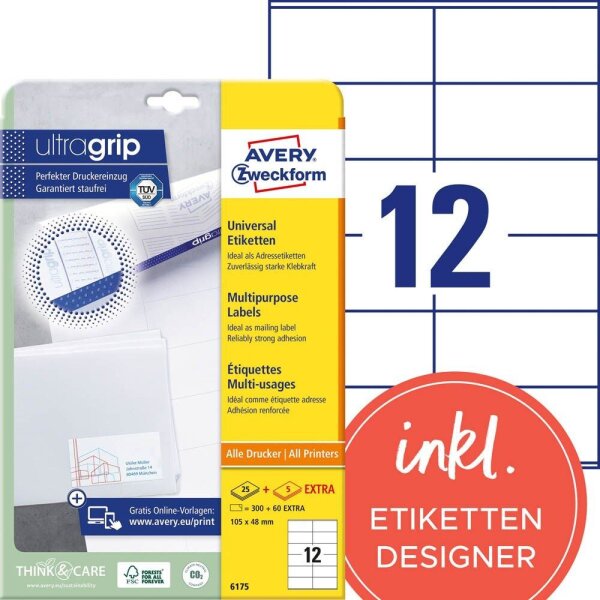 AVERY Zweckform Etiketten 6175 weiß 105,0 x 48,0 mm, 30 Blatt