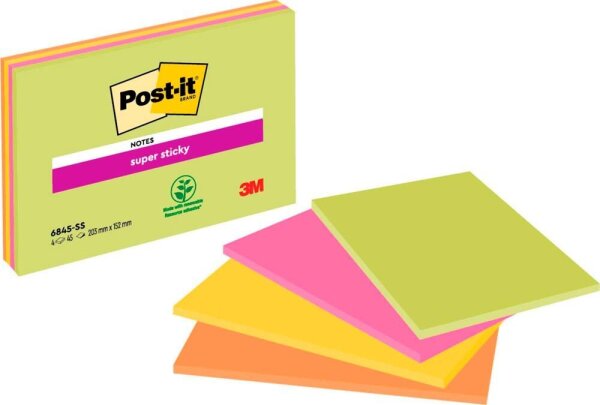 Post-it® Super Sticky Meeting Notes Haftnotizen extrastark 6845-SSP farbsortiert, 4 Blöcke