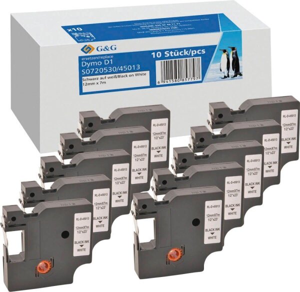 G&G Schriftbänder D1 ersetzen Dymo D1/45013/S0720530  19332, 12 mm, schwarz auf weiß, 10 St.