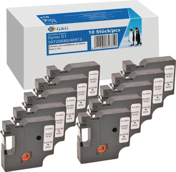 G&G Schriftbänder  ersetzt Dymo D1/40913/S0720680 19331, 9 mm, schwarz auf weiß, 10 St.