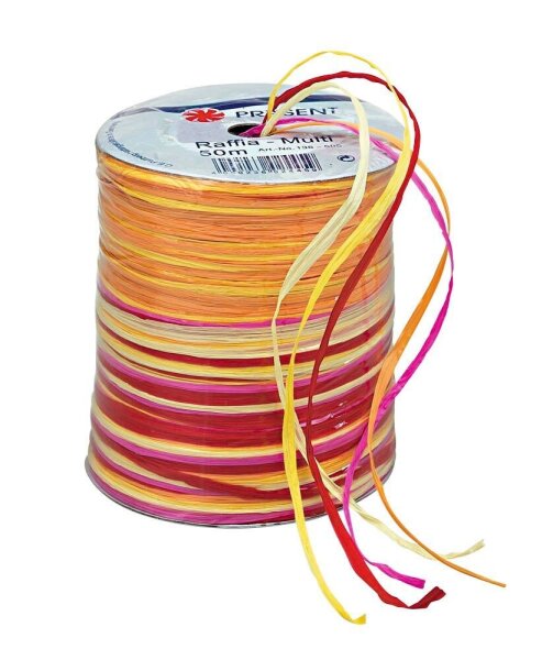 PRÄSENT Geschenkband Raffia matt gelb/rot/orange/pink 3,0 mm x 50,0 m
