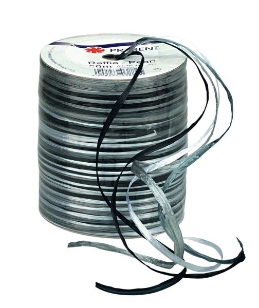 PRÄSENT Geschenkband Raffia glänzend schwarz/grau/silber 3,0 mm x 50,0 m