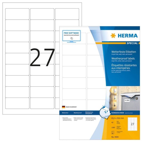 HERMA wetterfeste Folienetiketten 4594 weiß 63,5 x 29,6 mm, 40 Blatt