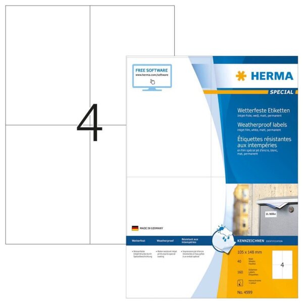 HERMA wetterfeste Folienetiketten 4599 weiß 105,0 x 148,0 mm, 40 Blatt