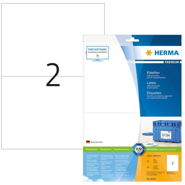 HERMA Etiketten 8636 weiß 210,0 x 148,0 mm, 10 Blatt