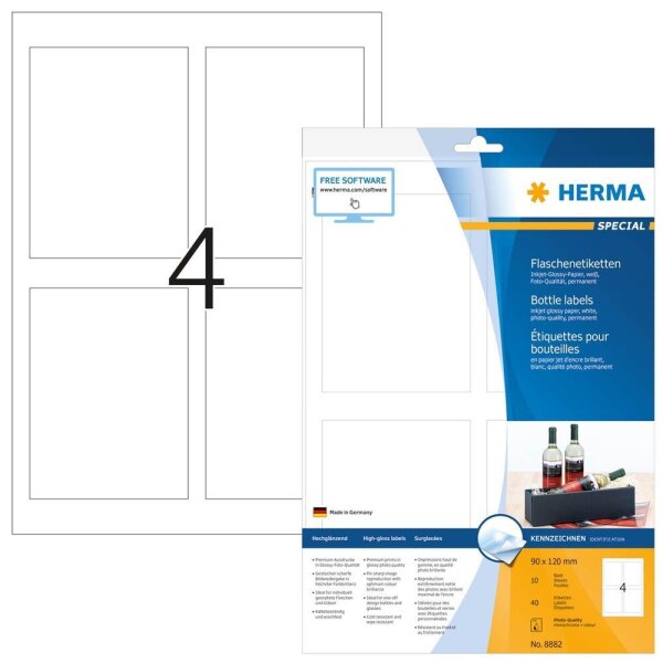 HERMA Flaschenetiketten 4603 weiß 90,0 x 120,0 mm, 40 Blatt