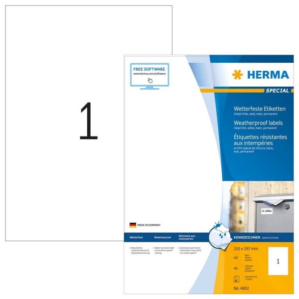 HERMA wetterfeste Folienetiketten 4602 weiß 210,0 x 297,0 mm, 40 Blatt