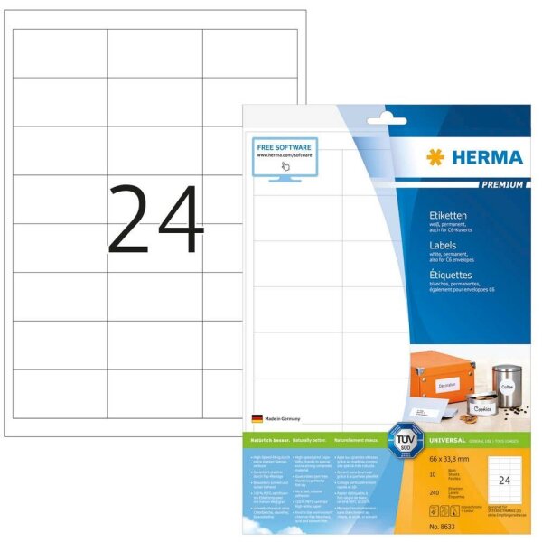 HERMA Etiketten 8633 weiß 66,0 x 33,8 mm, 10 Blatt